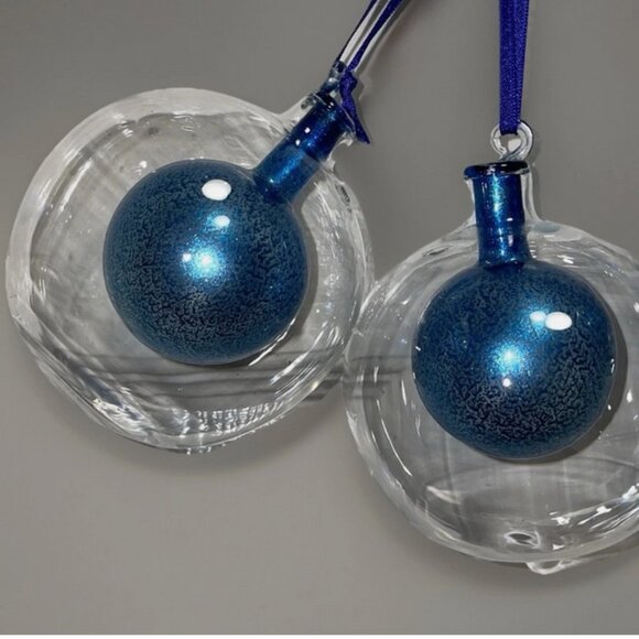 Hand Blown Glass Ball Ornament Hand Double Globe Blue ~ Gorgeous Set of 3 - Picture 2 of 5